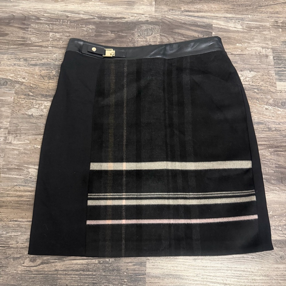 WHBM Women’s Elegant Black Plaid Front Panel Pencil Skirt Faux Leather Trim Sz 2